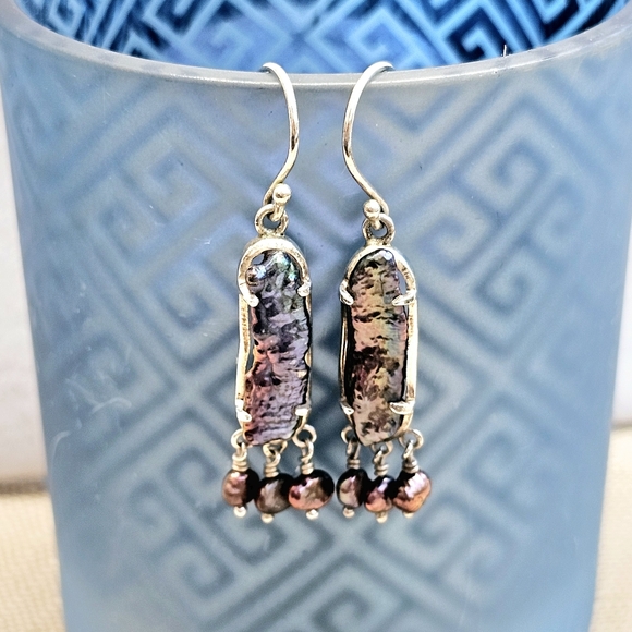 Peacock Stick Natural Pearls Dangle Earrings 925 - Picture 5 of 15